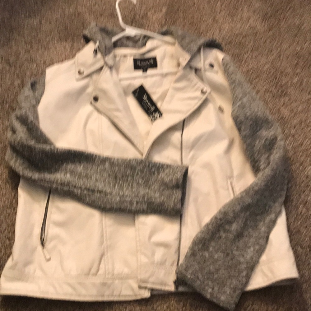 White hooded jacket with gray sleeves